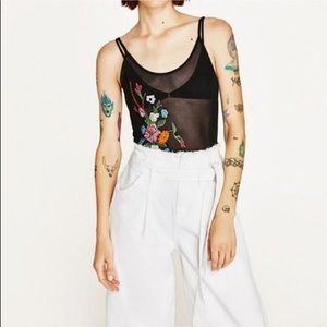 Zara Black Sheer Floral Embroidered Bodysuit – Size Small